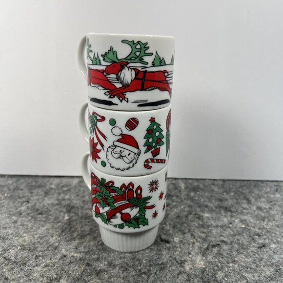 Set Of 3 VTG Ceramic Christmas Holly Santa Mugs Made In Japan Trimont Stacking - Picture 4 of 8
